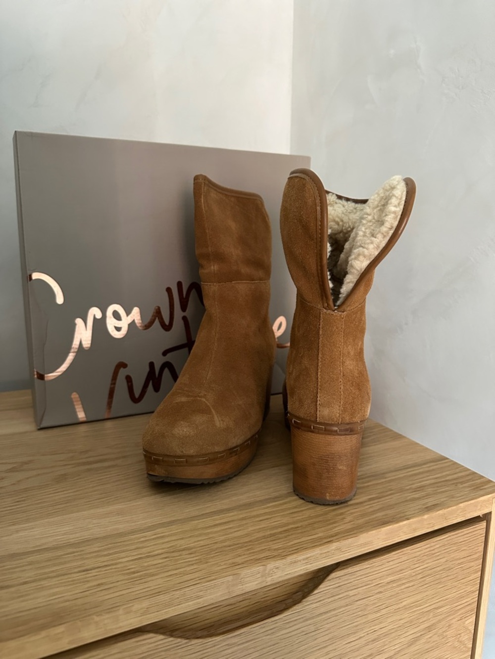 Crown Vintage Tan Suede Shearling-Lined Platform Ankle Boots